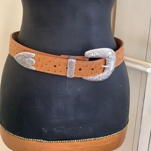 Ariat tan leather (ostrich look) belt with silver tone embossed buckle and trim